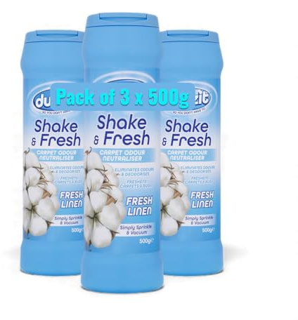Shake & Fresh Carpet Freshener Powder bundle - FRESH LINEN Scent - 3 x 500g (1.5kg Total) - Odour Eliminator for Rugs, Upholstery & Car Interiors - Pet & Cooking Smell Remover - Vacuum Deodoriser