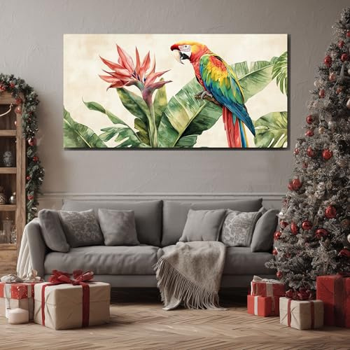 ZORYAN Fauna Selvatica Colorata Quadro Moderno XXL per Salotto Foglia Di Banano Artistica Stampe su Tela Grandi Strelitzia Vivace Dipinto da Parete per Soggiorno Camera da Letto Con cornice 70x140cm