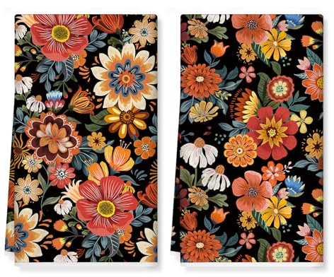 Arquiel Boho Flower Kitchen Towels Soft Thick Cotton Blend Black Retro Hand Towels, 42 x 70 cm Absorbent Dish Cloth for Kitchen Home Decor, Housewarming, Birthday Gifts for Women, Set of 2 | 16.5 x 27.5 in / 42 x 70 cm, Absorbent Dish Cloth and Hand Towel with Retro Flower Print for Kitchen Decor, Housewarming Gift