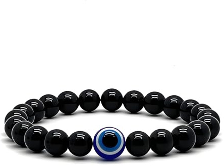 arana's® - Pulsera TURMALINA NEGRA con ojo turco - Cuentas de bolas 8 mm - Piedras energéticas para mujer y hombre - Protección ondas electromagnéticas y envidia - Repele malas energías (Turmalina)