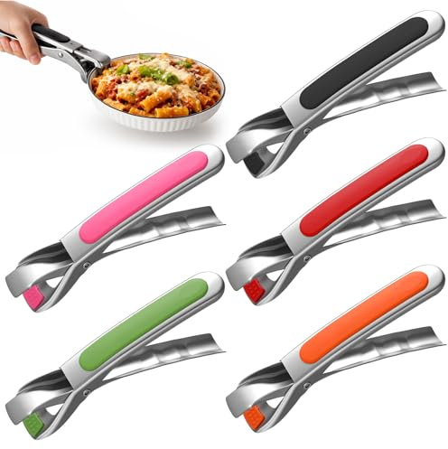 Singhoow 5 Pcs Stainless Steel Hot Plate Gripper Tongs with Non-slip Silicone Pads Anti-scald Plate Grabber & Multi-purpose Bowl Clips for Microwave, Oven, Air Fryer, Steamer, Pots & Bowls