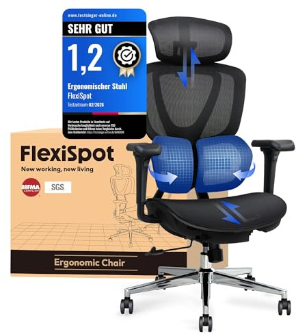 FLEXISPOT Ergonomischer Bürostuhl mit Dual Wing Lendenstütze, 3D-Kopfstütze & Armlehnen, Verstellbarer Sitztiefe, Rückenlehne & Neigung Arbeitsstuhl für Büro & Home Office (Schwarz)