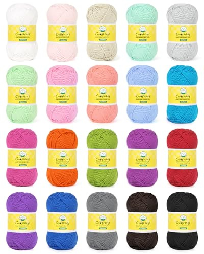 Coopay Lana para ganchillo, 100% algodón multicolor para tejer, 20 x 25 g, hilo de ganchillo suave de algodón para ganchillo, hilo de algodón para agarraderas de bebé, juego para suéteres, calcetines