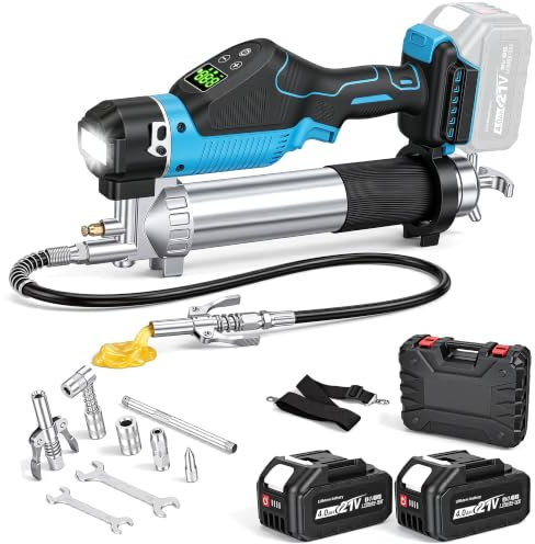 YEARTOP Kabellose Fettpresse 18 V, bürstenlos, 13000 PSI elektrische Fettpresse mit LCD-Display, 5-Gang-Steuerung, 1 m flexibler Schlauch, 2 x 4,0 Ah Batterien und Koffer für Traktor, Anlage, LKW