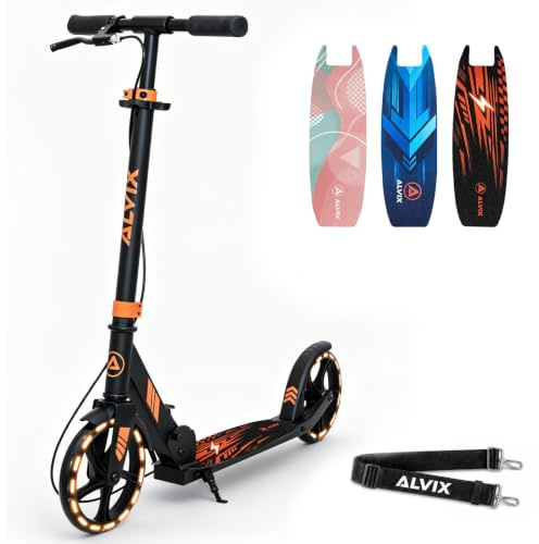 ALVIX Trottinette pour enfant avec frein à main et roues lumineuses LED, hauteur réglable à partir de 6 ans, roues de 200 mm, trottinette pliable avec sangle de transport, large plateau, jusqu'à 100
