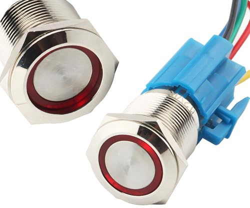 CESFONJER Selbstsichernder Drucktastenschalter, 12V 3A Automatischer Schalter, Wasserdichter Druckschalter aus Edelstahl 19mm LED-Ring mit Stecker (Rot)