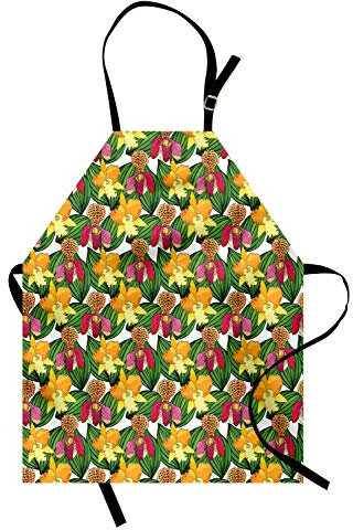 ABAKUHAUS Orchids Apron, Tropic Foliage with Rubber Fig Tree Leaf Woody Plants Ornamental Fragrance Print, Unisex Kitchen Bib Apron with Adjustable Neck for Cooking Baking Gardening, Multicolor