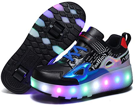 Unisex Kinder LED Licht USB Wiederaufladbar Skateboardschuhe mit Rollen Drucktaste Einstellbare Inline Skates Outdoor Sport Fitnessschuhe Gymnastik Running Sneaker für Jungen Mädchen