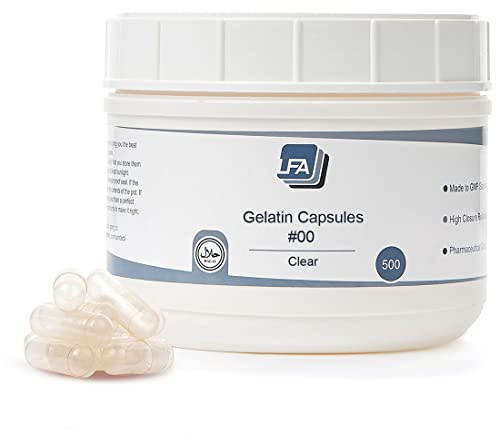 Size 00 Empty Capsules - Clear Gelatin - 500 Count Jar - Fits Capsule Machine Filling Tray - Joined Beef Gel Caps Easy Snap for DIY Powder Supplement Pills - Certified Halal