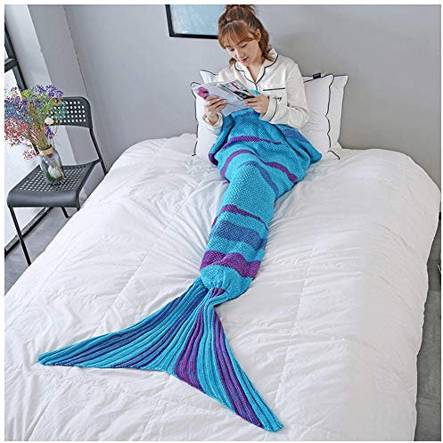 YOUCAI Meerjungfrau Decke, Handgemachte Häkeln Weiche Strick Meerjungfrau Schwanz Decke TV Decke Strickmuster Schlafsack für Erwachsene Mädchen Kinder Blau 1 70x140cm