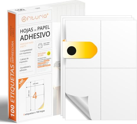OFITURIA - Vit självhäftande etikett (A4) Klistermärke för utskrift Pack 100 Folios med permanent självhäftande papper och enkel start (100 ark, A6)