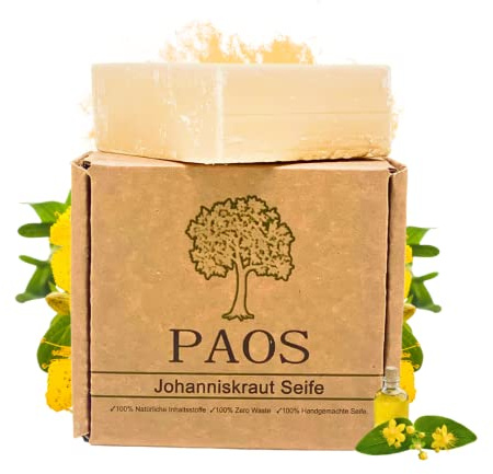 PAOS Johanniskraut Seife, ca. 150g, Naturseife, Naturkosmetik, empfohlen bei Akne, Pickel, Mitesser, Pilzen & Neurodermitis, Vegan, Tierversuchsfrei