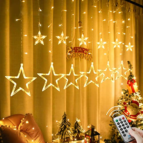 Garlocht Star Curtain Lights, 12 Star Light 138 LED Window Lights, with 8 Modes Star Fairy Lights, String Lights for Indoor,Outdoor,Bedroom,Party,Christmas Decorations (Warm White)