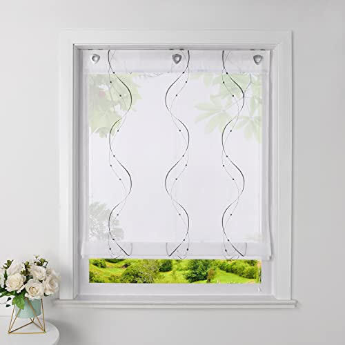 Heichkell Tenda a pacchetto con ganci a U, trasparente, in voile, con occhielli, con ricamo, senza fori, grigio, larghezza x altezza: 60 x 140 cm
