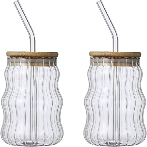 AYAROS Biergläser mit Deckel und Strohhalm, 500 ml, gestreiftes Glas, Einmachglas, breite Öffnung, Eiskaffeegläser, Smoothie-Tumbler, Teetasse für Saft, Cocktail, 2 Stück