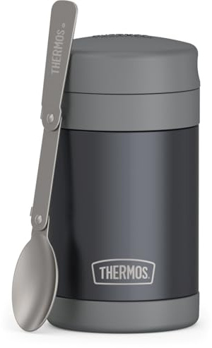 THERMOS FUNTAINER Insulated Food Jar, 16 Ounce, Kid Friendly Thermos Food Jar with Foldable Spoon, Matte Charcoal