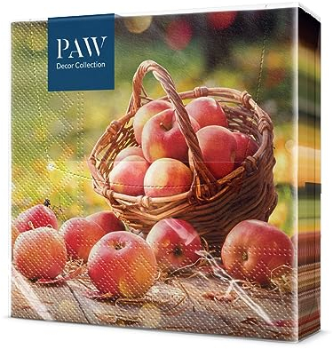 PAW - Servietten 3-lagig (33 x 33 cm) I 20 Stück I Perfekt für Geburtstage, Partys, Meetings I Herbst Tischdekoration I Bunte Papierservietten - Apfel Korb Herbstgarten I Autumn Apples