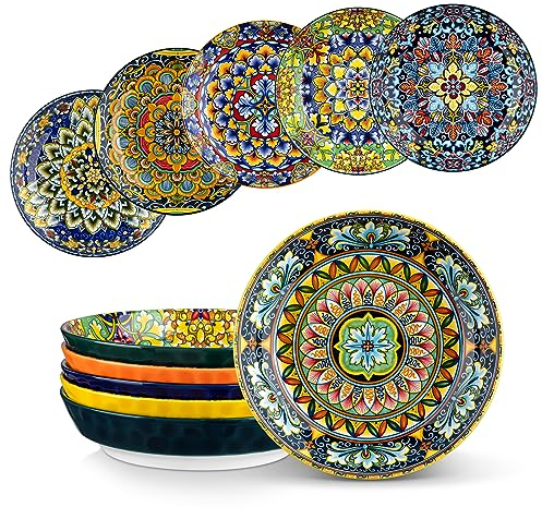 vancasso SIMI Cuencos de Pasta Set de 6, 21cm Porcelana Plato Hondo, 950ml Platos para Ensalada, Juego de Ensaladera Grande, Tazón de Frutas, Apto para Lavavajillas e Microondas, Estilo bohemio