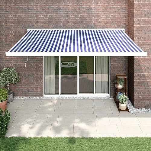 Homgoday Gelenkarmmarkise Markise Sonnenmarkise Einziehbare Markise Balkonmarkise Terrassenmarkise Wandmontage Sonnenschutz für Balkon Terrasse Blau und Weiß 4x3 m Stoff und Aluminium