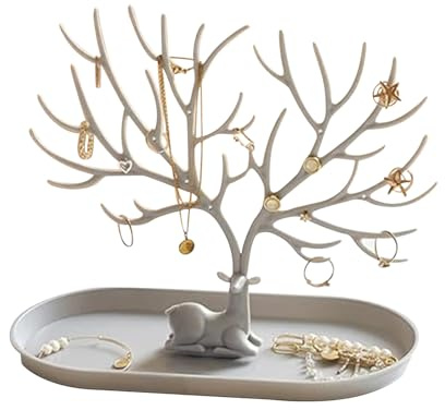 Soulnioi Elch-Schmuckständer, Baum, harziger Ringhalter/Ohrringhalter/Ringhalter, Ablage für Ringe für Schmuck, Ring/Hochzeitsschmuck, dekorativer Präsentationsständer, Grau