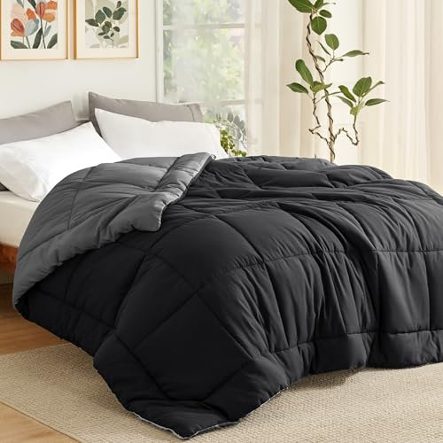 BEDSURE Couette, 240 x 220 cm, pour toutes les saisons, sans housse, 240 x 220 cm, 300 g/m², 4 saisons, réversible, noir/gris, douce et chaude, pour les personnes allergiques