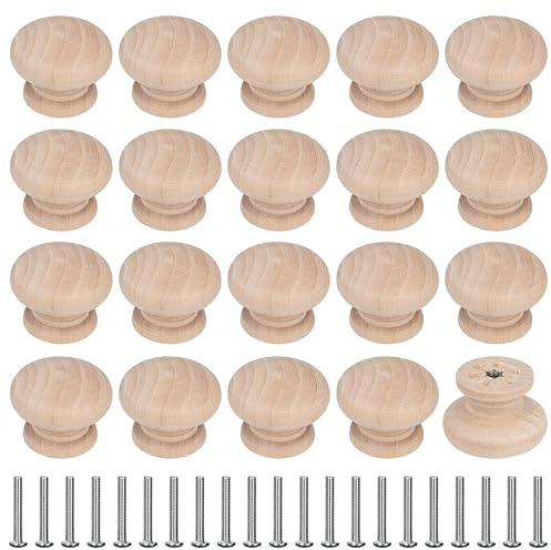 MengH-SHOP Holz Möbelknöpfe Schubladenknopf Runde Pilz Kabinett Knöpfe mit Schraube für Schrank Schublade Küche 20 Stück 35mm (Natürlich)