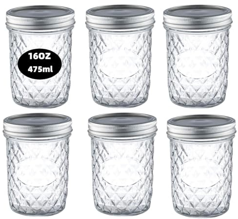 simpa 6PK 475ml/16oz Quilted Decorative Glass Mason Jars with Silver Metal Airtight Lids. Suitable for Meal Prep, Drinks, Food Storage, Canning, Dry Food, Salads and more.