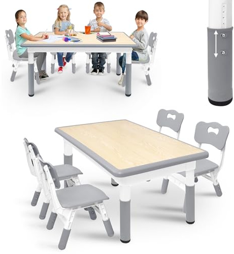 ACXIN Tavolo per bambini con 4 sedie, in plastica, per bambini, regolabile in altezza, per cameretta dei bambini, colore grigio