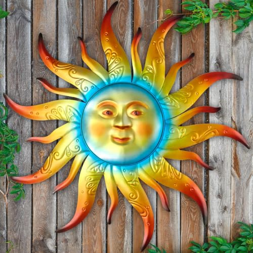 Kggetr Grande décoration murale en métal en forme de soleil – 60 cm – Sculpture de visage de soleil pour jardin, ferme, cour, terrasse, clôture, salon, chambre à coucher, idée cadeau pour la famille