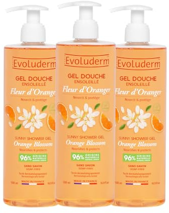 EVOLUDERM – Gel Douche Fleur D’Oranger Ensoleillé - 500 ml - 96% d'Origine Naturelle - Végan - Fabrication Française - Lot de 3 x 500 ml