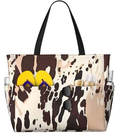 MMSJSBVY Strandtasche mit Kuhfell-Aufdruck, für Damen, Tragetasche mit Reißverschluss und Tasche, Reisen, Einkaufen, Pool, Kuhfell-Aufdruck, Einheitsgröße