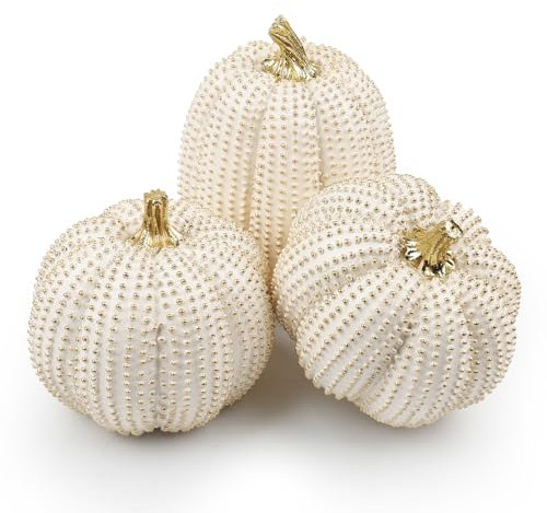 Songjum 3Pezzi Decorazione Della Zucca in Resina Decorazione Della Zucca Autunnale Zucche Glitterate Bianche e Dorate Centrotavola per Fattoria Autunno Regalo Cucina Decor