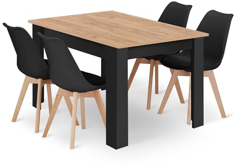 NMK HOME Essgruppe Esstisch Rechteckig 120 x 80 cm mit 4 Schwarze Stühlen - Esszimmerstühle 4er Set mit einem Kissen aus Kunstleder und Buchenholzbeinen