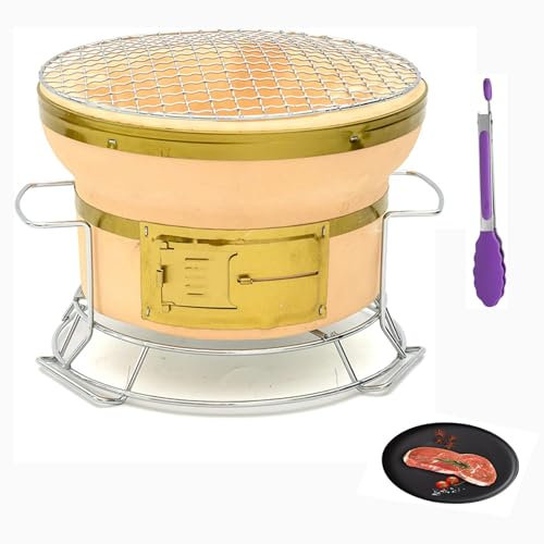 Yiustldd Parrilla de carbón para Barbacoa Redonda Japonesa, Parrilla de Barbacoa Japonesa de carbón para Interiores sin Humo de cerámica con Pinzas para Alimentos para Interiores y Exteriores