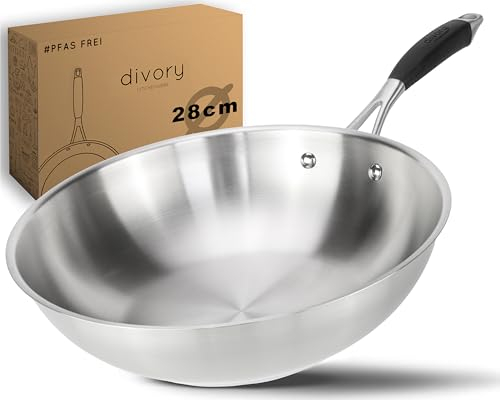 DIVORY Wok en acier inoxydable 28 cm – Sans revêtement, sans PTFE/PFOA, pour induction, tous feux et gaz, passe au lave-vaisselle (PURA, 28cm)