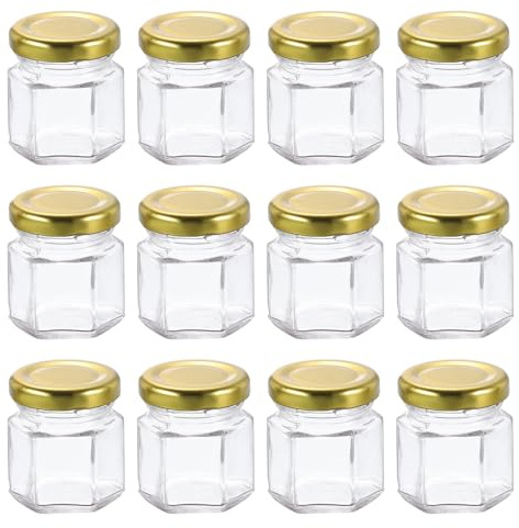 sourcing map 12pcs Hexagon Glass Honey Jars 1.5oz Small Mini Honey Jar Container with Gold Lids for Wedding Party Favors Bridal Shower