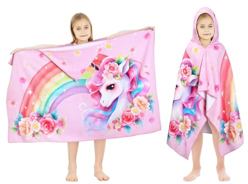decalsweet Toalla Infantil con Capucha 100% Algodón, Toalla de Playa de Microfibra, Grande Suave Absorbente Toalla de Baño Poncho Toalla Piscina Infantil Niño y Niña 127 x 76 cm(Unicornio Rosa)