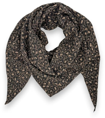Damen Musselin Tuch Baumwolle Leo Print 195x72 cm Made in Italy (Dunkelbraun)