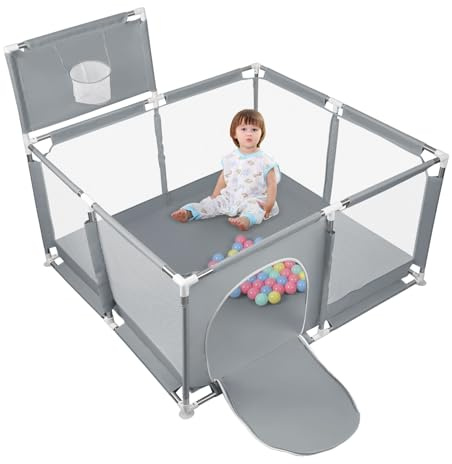 MUL-BUTIQUE Parque Bebe Modulable, Parque Infantil Plegable, Parque de Juegos Bebé, Equipado con soporte de baloncesto y 50 Globos, estructura estable y fácil de instalar (gris oscuro, 126 x 126 cm)