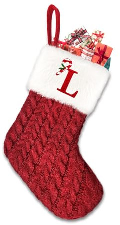 Sleeleece Nikolausstrumpf Personalisiert mit Buchstaben Weihnachtsstrümpfe 20 cm Nikolausstrumpf Christmas Stockings Weiß Bündchen Kamin hängende Ornamente Geschenkhalter für Weihnachtsbaum Rot L