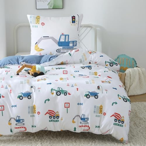 Fekohipy Bettwäsche 135x200 Jungen Bagger Kinderbettwäsche Blau 3D-Druck Baustelle Mikrofaser Kinder Bettbezug mit Reißverschluss und 1 Kissenbezug mit Umschlag 80x80cm 2-teiliges Kinderbettwäsche-Set