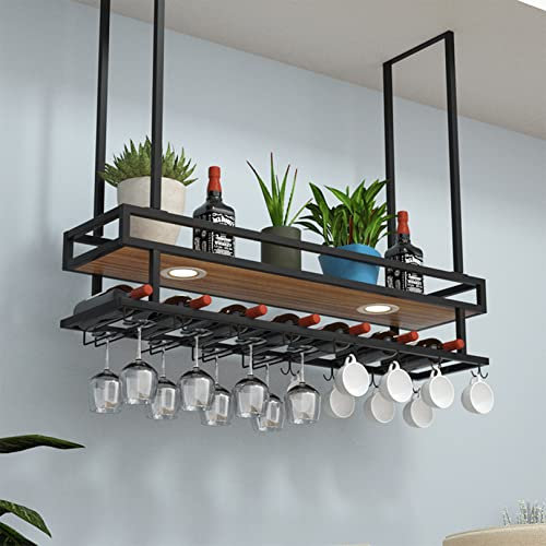 Estante industrial colgante para copas de vino con luces y estante, soporte de metal negro para botellas de vino con soporte de vidrio, estante de almacenamiento industrial de techo para bar,