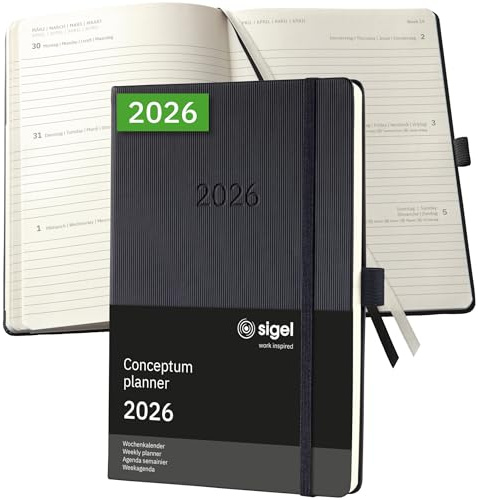 SIGEL C2612 Wochenplaner Wochenkalender 2026, ca. A5, schwarz, Hardcover, 192 Seiten, Gummiband, Stiftschlaufe, Archivtasche, aus nachhaltigem Papier, Kalenderbuch Conceptum