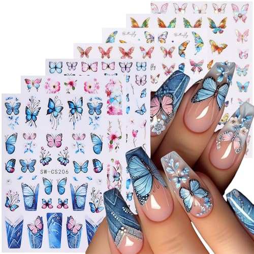 GZMAYUEN Schmetterling Nagel Aufkleber 7Pcs Blume Nail Art Aufkleber 3D Selbstklebende Nagel Aufkleber Bunte Schmetterling Pfirsichblüte Blütenblätter Nail Design für Frauen Mädchen DIY Maniküre