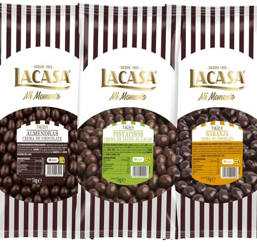 Lacasa Pack 3kg de bolas: Almendra con chocolate Negro, de naranja con chocolate Negro,Pistachos con chocolate Leche