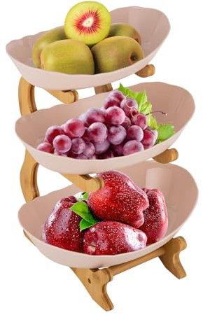 MACOJUCHI Frutero en Forma de Yuanbao de 3 Niveles con Soporte de Madera de Bambú, Madera y Beige