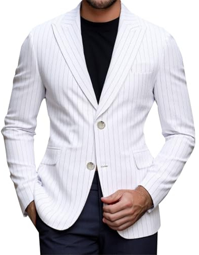Blazers pour homme Blazer rayé avec poches coupe ajustée deux boutons Smoking Manteaux à manches longues pour fête de mariage, Blazer blanc pour homme, L