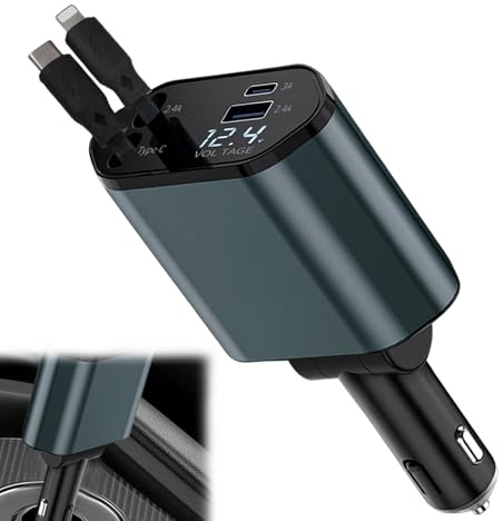 120W Retractable Car Charger Adapter, 4 in 1 Car Charger with Retractable Cables Light-ning + USB C and USB/USB-C Ports, Mobile Phone Automobile Chargers Compatible with iPhone, Android, Samsung