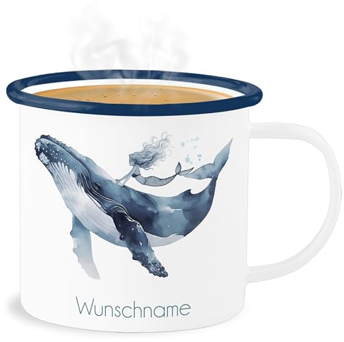 Emaille Becher Blechbecher - Wal - Buckelwal mit Meerjungfrau mit Wunschname I Tauchen Geschenk Taucherin I Unterwasser Geschenke Wassernixe I Mermaid Geschenk - 300 ml - Weiß Blau - tasse wale