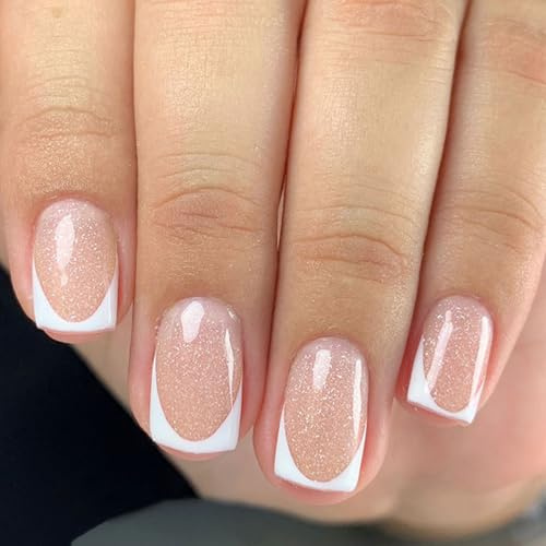 Auriselle Stampa su Unghie Corte 24 Pezzi Unghies Francesi False Corte Quadrate Unghie Artificiali Rosa Glitterate, Perfette per la Manicure a Casa